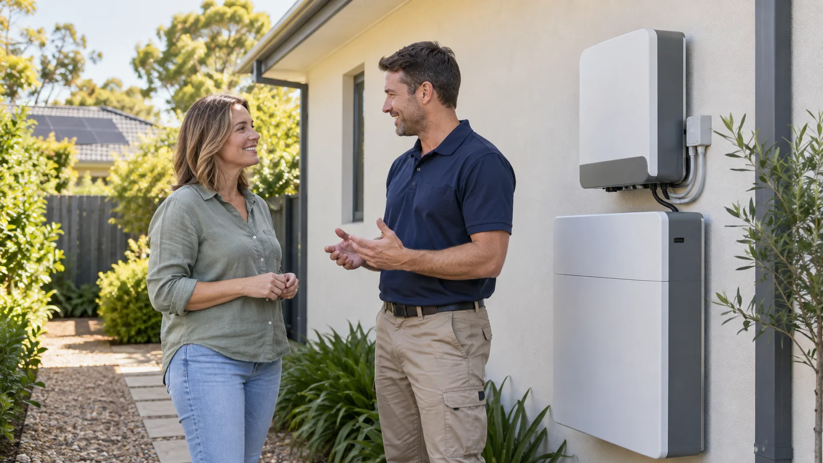 Illustrative homeowner consultation beside a home battery